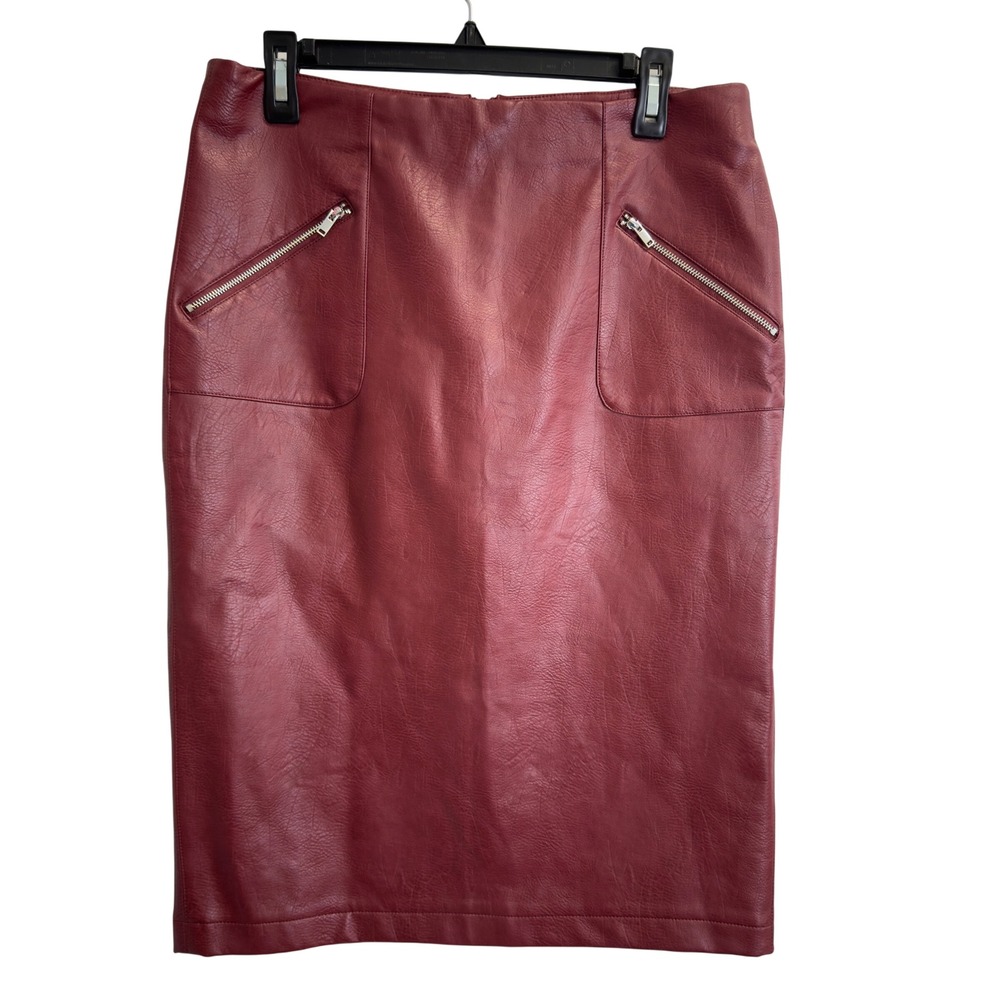 Catherine Malandrino Burgundy Faux Leather Zipper Midi Pencil Skirt Size 10